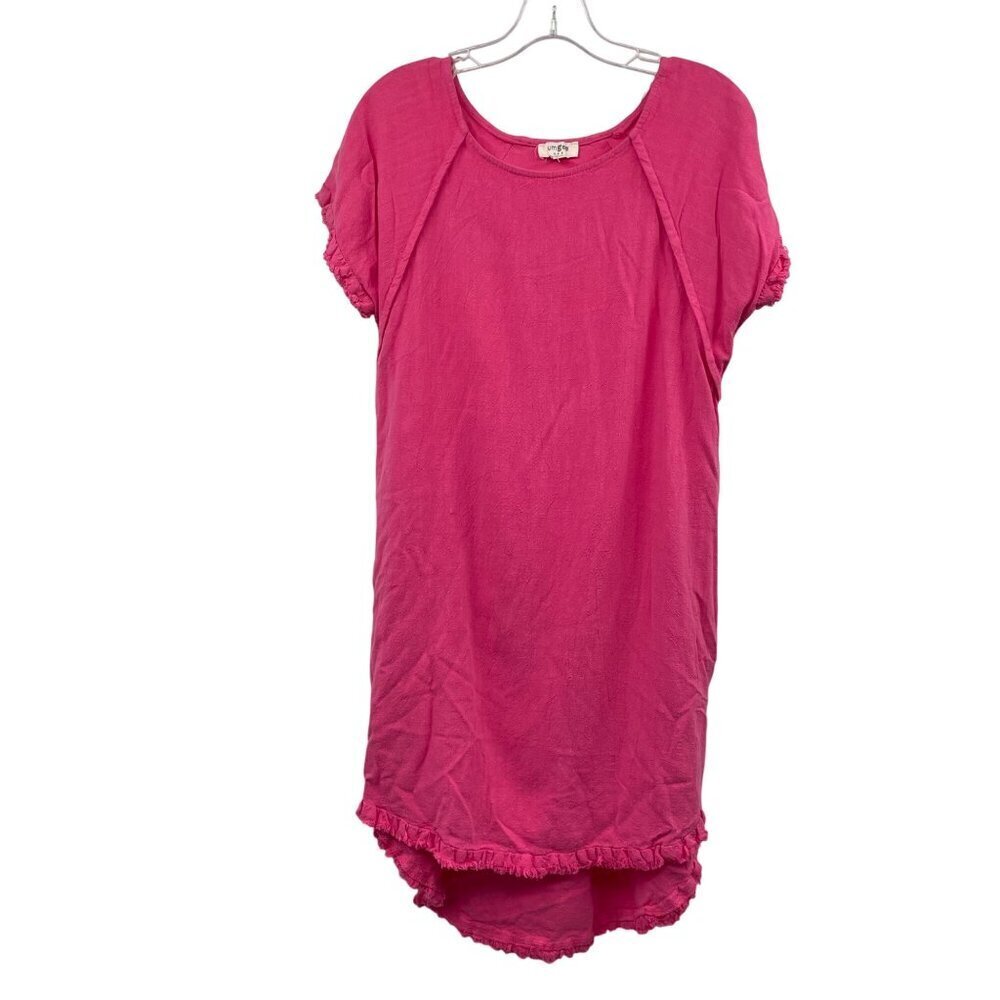 Umgee Womens Hi Low Shift Dress Short Sleeve Frayed Trim Pink Size Medium